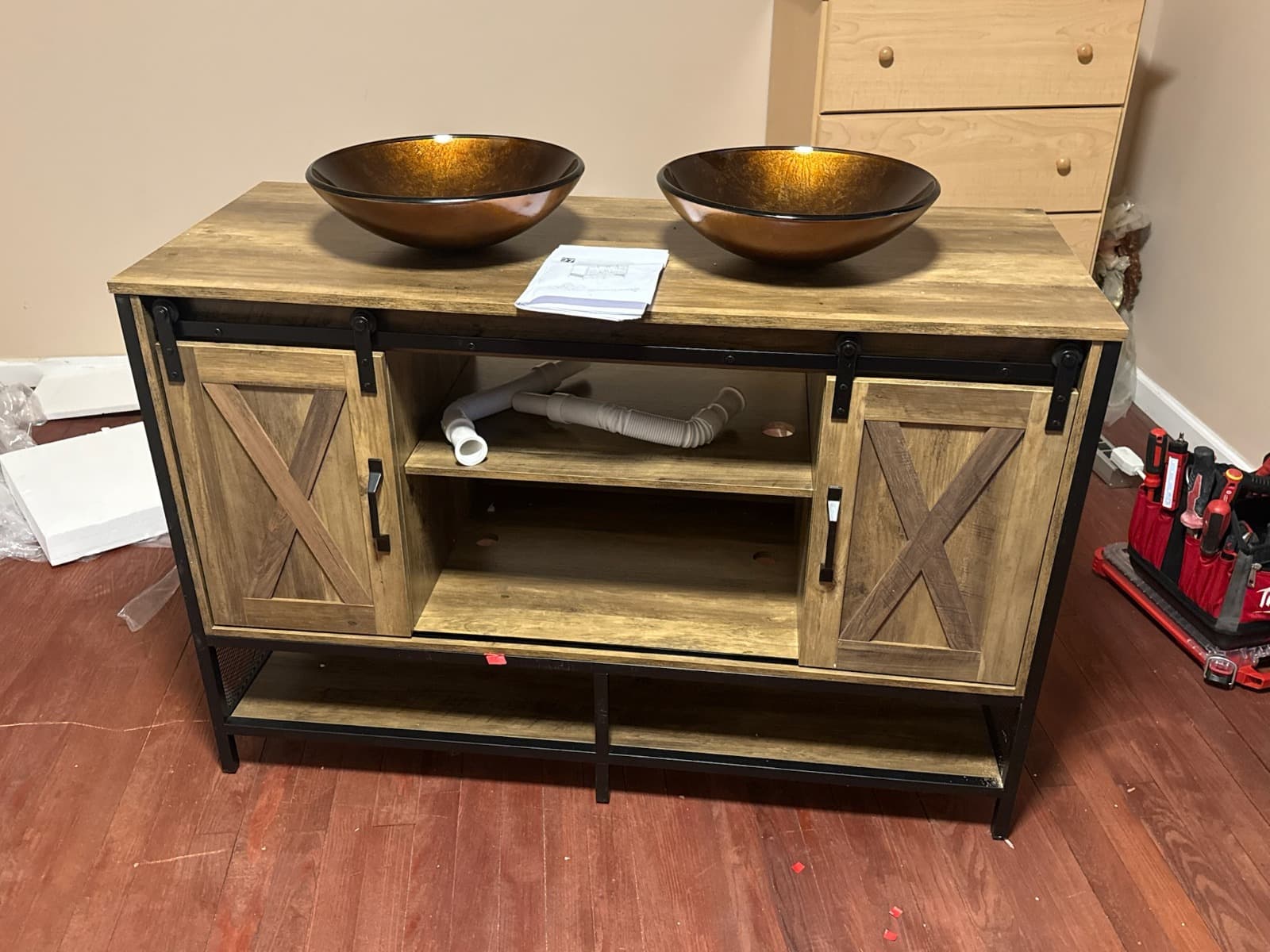 Rustic wooden bathroom vanity with twin vessel sinks, installed in Fort Worth